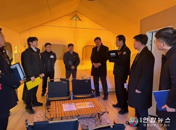 아산시는 문화체육관광부 김대현 제2차관을 비롯해 충청남도와 아산시 관계자, 소방·전기안전 분야 관계자들이 참석한 가운데 합동 안점 점검을 실시했다. 아산 스파포레의 글램핑 시설현장을 방문 모습.