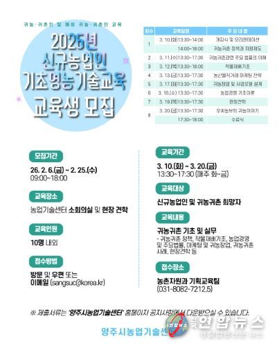 양주시, ‘2026년 신규농업인 기초영농기술교육’ 교육생 모집