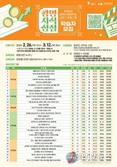 2026년 광명시 평생학습 상반기 프로그램 '광명지식상점' 학습자 모집 안내문.
