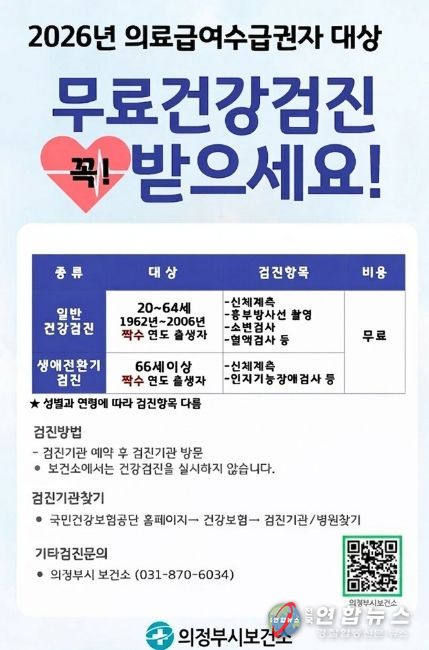 의정부시, 짝수연도 출생자 대상 2026년 의료급여수급권자·건강보험가입자 건강검진 실시